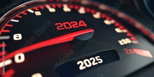 Tacho mit Jahreszahl 2024 und 2025 mit Umdrehungsparameter, ai generativ