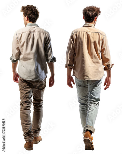 Portrait of a young man walking, back view isolated on white or transparent background. #703890539