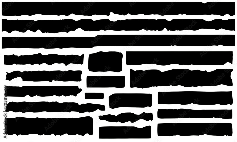 Set of torn strips of elongated black paper intended. Black cut out paper strips with jagged edges Ripped horizontal. Design elements for use as text box Black And With background Set of torn strips of elongated black paper intended. Black cut out paper strips with jagged edges Ripped horizontal. Design elements for use as text box Black And With background
