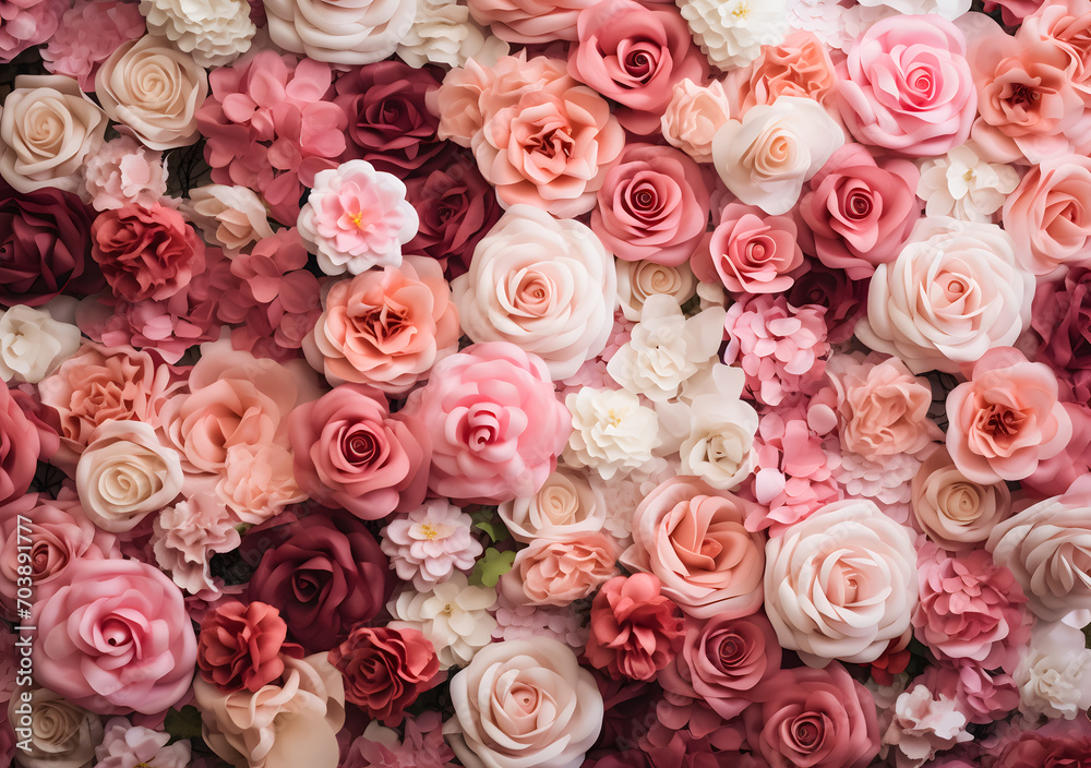 Beautiful pink and white roses background for wedding ceremony or valentine's day