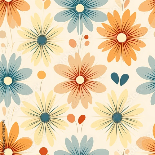 seamless pattern. Groovy flowers, hippie aesthetic.Seamless vintage retro pattern with flowers, leaves, twigs and other elements of nature in light beige shades.Psychedelic wallpaper. 