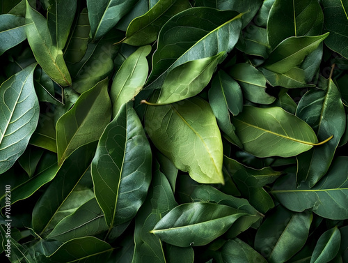 background of many green fresh bay leaves with copy space