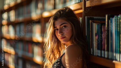 A picture of a pretty teenage girl in a library, Generative AI. © MinixT