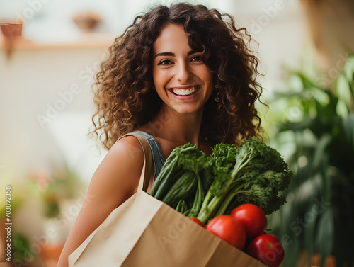 A smiling woman holding a bag filled with nutritious fresh produce photo