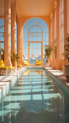 Elegant indoor swimming pool with a beautiful view