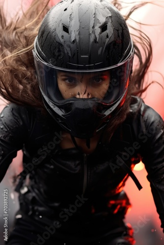 Adventurous spirit: fearless of a female biker, an ode to freedom, empowerment, and roaring thrill of the open road, passion meets the asphalt in symphony of curves and chrome © Alla