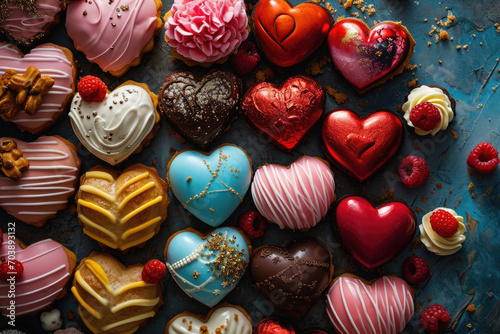 Heart-shaped cookies with playful designs and vibrant colors