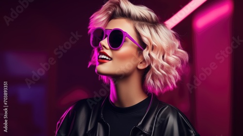 80s Chic, woman in a red leather jacket and sunglasses channels the bold spirit of the 1980s with timeless style