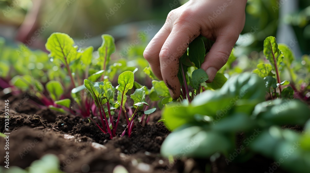 A person gently plants a young green sprout in a well-tended home garden soil, engaging in the nurturing hobby of gardening. A person gently plants a young green sprout in a well-tended home garden soil, engaging in the nurturing hobby of gardening.
