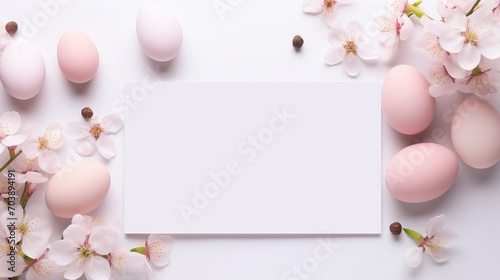 Easter greeting card mockup  pastel pink spring blossoms  eggs  and hearts on white background  top view  copy space 
