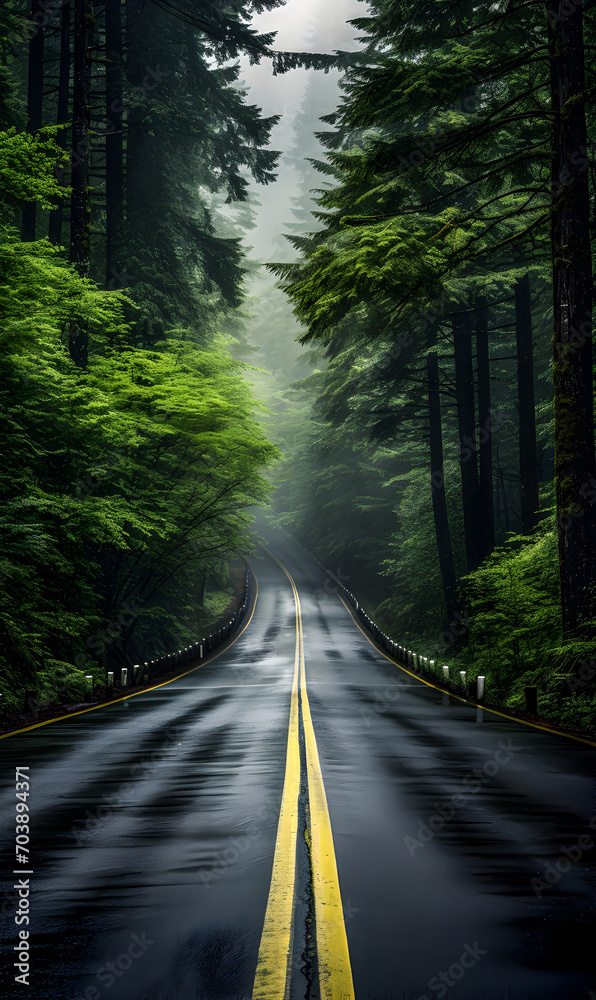 Fototapeta premium Landscape with an empty paved road through the forest
