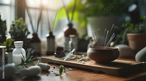 An organized display of various-sized acupuncture needles on a specialized stand, ready for use in traditional Chinese medicine therapy sessions.
