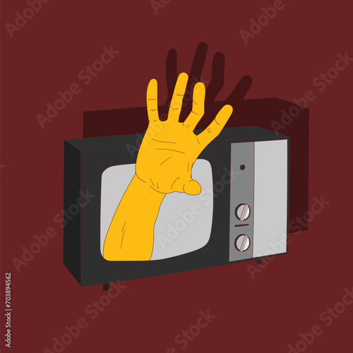 hand came out from inside the television. vector illustration