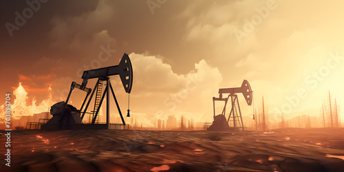Oil pump rig oil and and gas production,Oil plant and pumping station at sunset,Oil pump oil rig energy industrial machine,Crude Oil pump, Generative AI photo