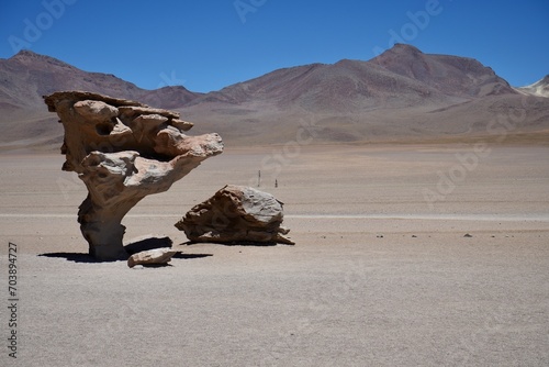 Potosi, Bolivia. The Rock Tree in The Siloli Desert with mountains behind.  photo