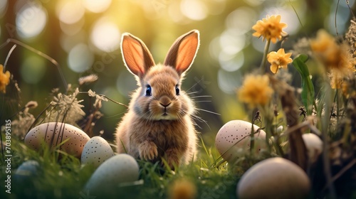 Energetic easter bunny delightfully scouring grass for hidden eggs in a festive hunt