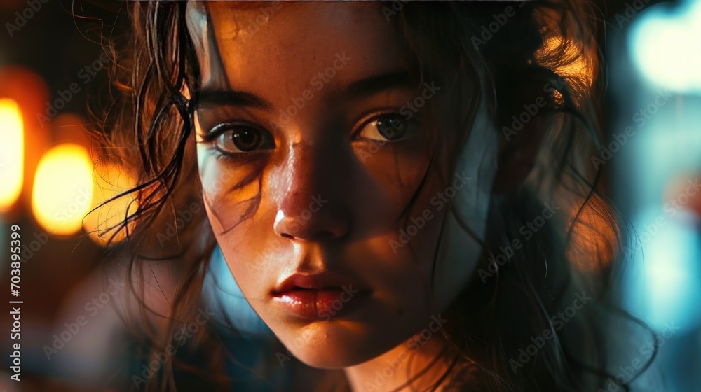 Cinematic shot of a cute little girl in studio room, Generative AI. Cinematic shot of a cute little girl in studio room, Generative AI.