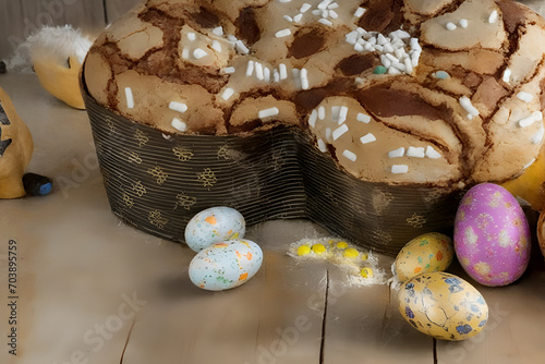 Colomba Italiana Pastries: Traditional Italian Easter Delights with Almonds and easter eggs, Colomba preparation and flour with decoration