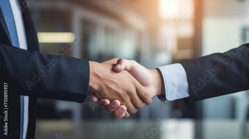 Business people shaking hands in front of office, Two nice doctor hands shaking hands front view in hospital peoples blurred background, Ai generated image