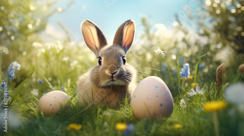Energetic easter bunny delightfully scouring grass for hidden eggs in a festive hunt