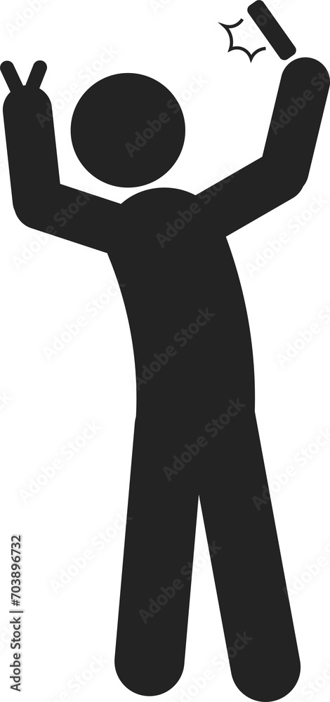 Isolated pictogram on man taking self portrait, selfie stick figure take picture with camera flash