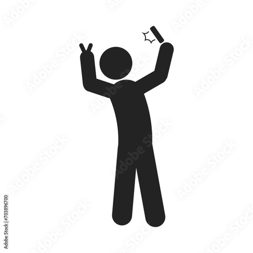 Isolated pictogram on man taking self portrait, selfie stick figure take picture with camera flash