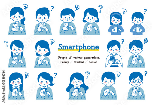 スマホを操作するイラスト集。いろんな世代の人々。困っている表情。