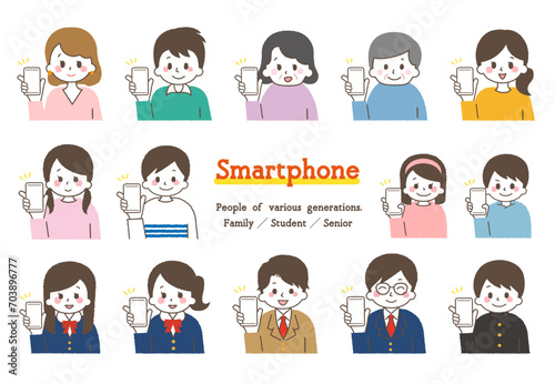 スマホを操作するイラスト集。いろんな世代の人々。