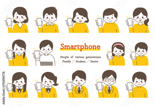 スマホを操作するイラスト集。いろんな世代の人々。