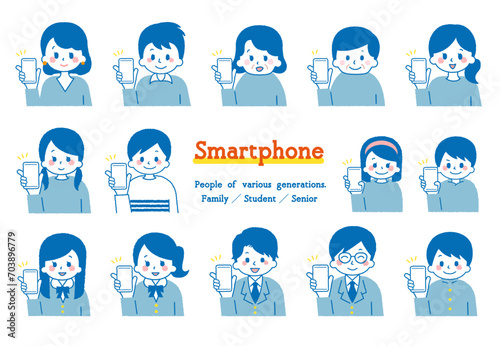 スマホを操作するイラスト集。いろんな世代の人々。