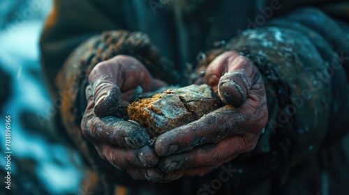 Close shot of a bagger holding a bread with dirty hand in street, Generative AI,
