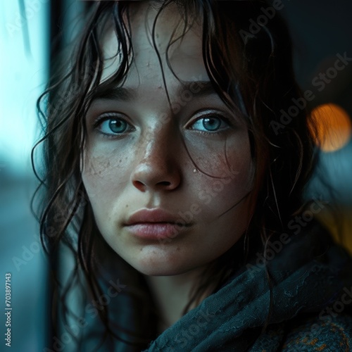 Close shot of a cute little girl with low light and yellowish backdrop, Generative AI.