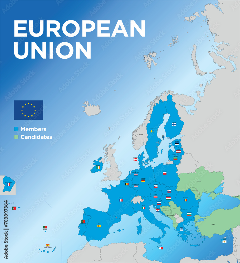 Fototapeta premium European Union map with the territorial division of the states with names and flags of the nations, vector illustration