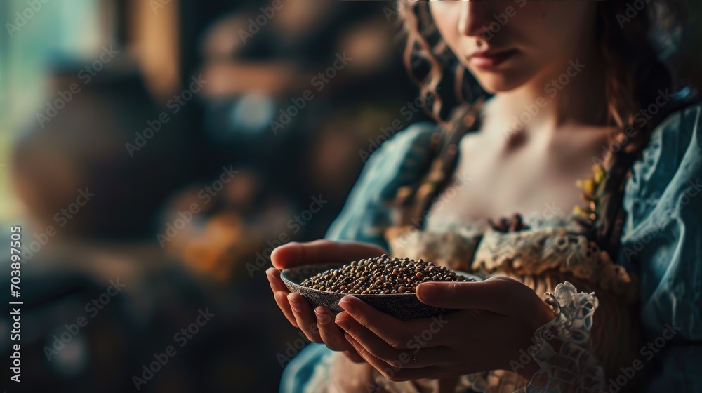 Close shot of beautiful woman's hand holding coffee beans, Generative AI.