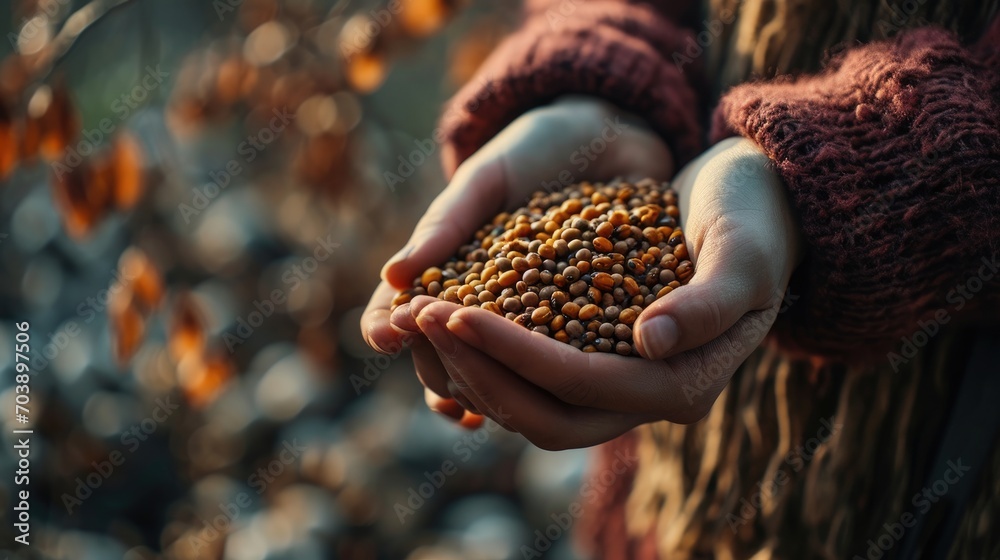 Close shot of beautiful woman's hand holding coffee beans, Generative AI. Close shot of beautiful woman's hand holding coffee beans, Generative AI.