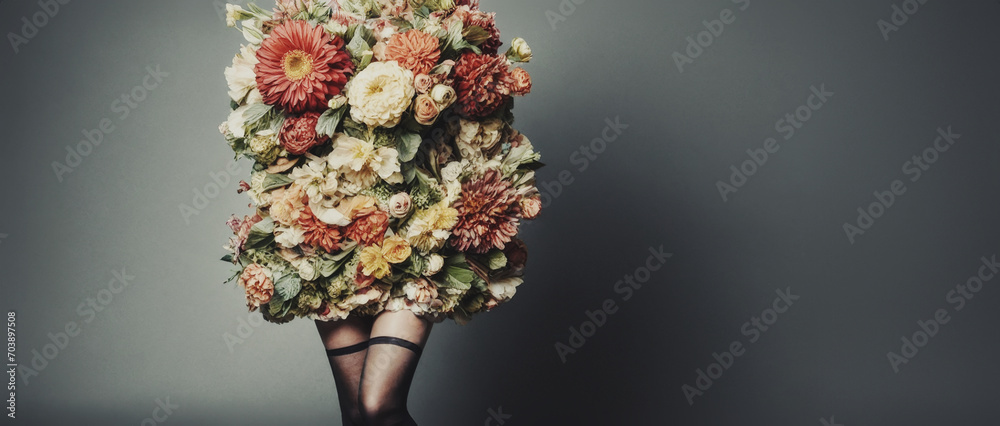 primo piano ritratto artistico di donna avvolta in un grande bouquet di fiori colorati, sfondo con luce diffusa - obrazy, fototapety, plakaty 