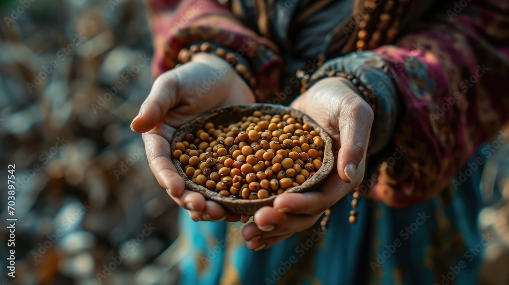 Close shot of beautiful woman's hand holding coffee beans, Generative AI. Close shot of beautiful woman's hand holding coffee beans, Generative AI.