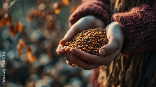 Close shot of beautiful woman's hand holding coffee beans, Generative AI. © MinixT