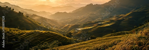 Sunset on Bali rice terraces, highlighting the curves and contours of the agricultural landscape