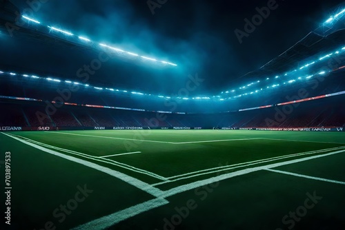 Picture a spellbinding scene on a soccer game field, where textured surfaces meet a neon fog that adds an otherworldly charm, with a focus on the dynamic center and midfield areas.