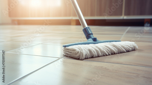 Sparkling Cleanliness: Mop Transforming Dirty Tiled Floors to Shiny Surfaces at Home - Domestic Hygiene Concept