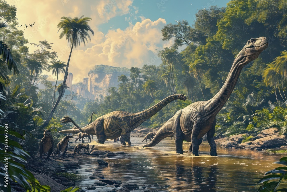 Fototapeta premium Gentle giants, Brachiosaurus, crossing a river in a lush Cretaceous landscape prehistoric flora