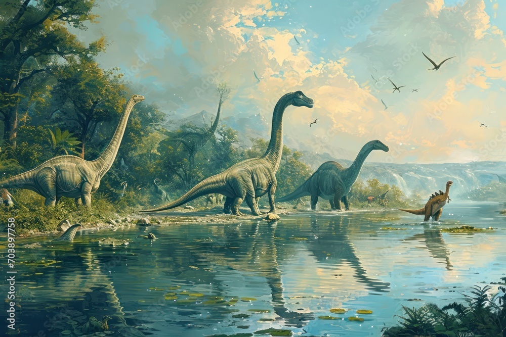Obraz premium Graceful Brachiosaurus dinosaurs at tranquil lakeside, reflecting in water amidst a Jurassic forest.