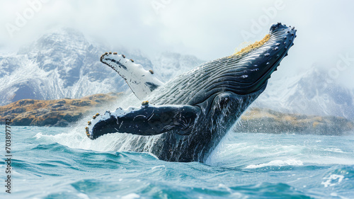 Humpback whale (Megaptera novaeangliae) playing off the coast of Iceland, concept Animals, generative ai photo
