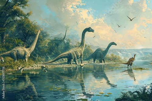 Graceful Brachiosaurus dinosaurs at tranquil lakeside, reflecting in water amidst a Jurassic forest. photo