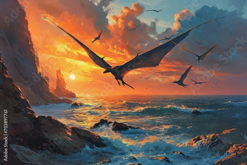 Pterosaurs soaring against sunset sky, ocean waves crashing against cliffs in a prehistoric world