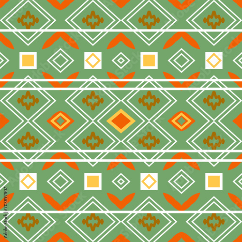 Seamless pattern with colored geometric ornaments on a light green background. Vector illustration