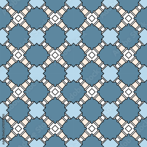 Seamless pattern with original carved elements. Simple ornament. Blue background. Vector illustration