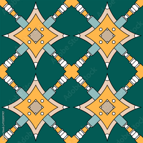 Seamless pattern with original carved elements. Green background. Vector illustration