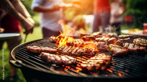 Barbecue party. BBQ with people in the background, grilled steak and grilled meat